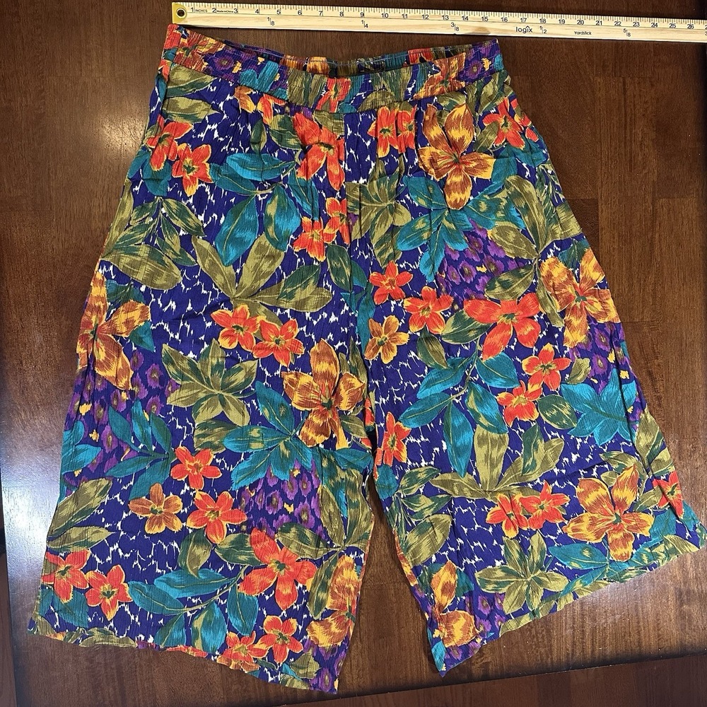 VTG RUSS Floral Super Wide Leg Flowy Cropped Pants 18 Boho Hippie Artsy Beach